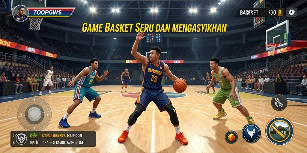 Tampilan antarmuka utama TOOPGWS dengan pemain dan lapangan basket.